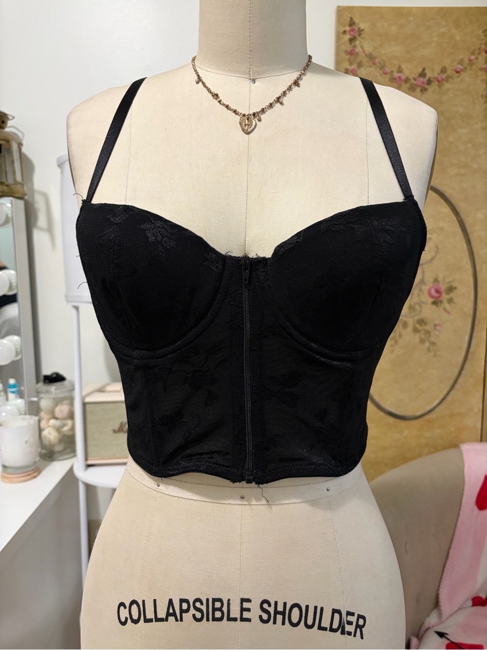 Black Lace Longline Bustier Bra with Front Zip - Women